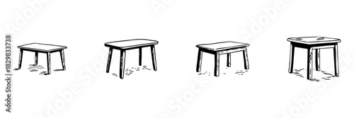 Four Wooden Stools Doodle Sketch Set. Furniture Design And Home Decor In Hand Drawn Style Collection. Rustic And Minimalist Seating Options. Hand Drawn Isolated Vector Illustration