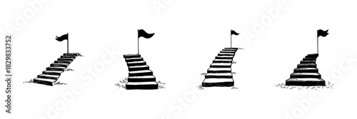 Staircase With Flag Doodle Sketch Set. Achievement, Success, And Goal Reaching Symbolism In Hand Drawn Style Collection. Motivation And Progress Representation. Hand Drawn Isolated Vector Illustration