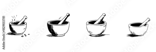 Mortar And Pestle Doodle Sketch Set. Traditional Herbal Medicine And Culinary Tool In Hand Drawn Style Collection. Grinding And Mixing Ingredients. Isolated Vector Illustration