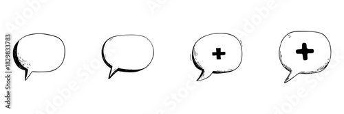 Speech Bubble Doodle Sketch Set. Communication And Positive Messaging In Hand Drawn Style Collection. Chat Icons With Plus Signs For Social Media And Feedback. Isolated Vector Illustration