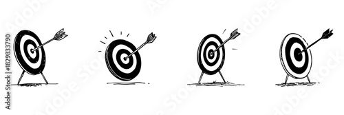 Target With Arrow Doodle Sketch Set. Precision, Accuracy, And Goal Achievement In Hand Drawn Style Collection. Success And Focus Representation. Hand Drawn Isolated Vector Illustration