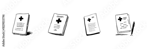 Medical Document Doodle Sketch Set. Healthcare Records And Prescription Management In Hand Drawn Style Collection. Medical Paperwork And Documentation. Isolated Vector Illustration