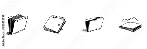 Folder And Document Doodle Sketch Set. File Organization, Data Management, Cloud Storage Concepts In Hand Drawn Style Collection. Office And Digital Archiving. Isolated Vector Illustration