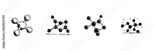 Molecular Structure Doodle Sketch Set. Chemistry And Atomic Bonding Concepts In Hand Drawn Style Collection. Scientific Illustration Of Molecules And Chemical Compounds. Isolated Vector Illustration