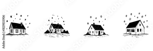 Charming Cottage Homes With Stars Doodle Sketch Set. Cozy Living And Dreamy Nighttime Ambiance In Hand Drawn Style Collection. Ideal For Real Estate And Home Decor Themes. Isolated Vector Illustration