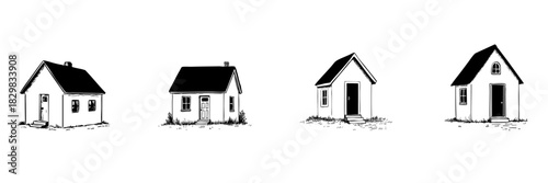 Four Cozy Cottage Doodle Sketch Set. Rustic Home Architecture And Countryside Living In Hand Drawn Style Collection. Charming And Quaint House Designs. Hand Drawn Isolated Vector Illustration