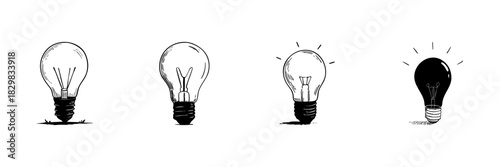 Light Bulb Evolution Doodle Sketch Set. Innovation, Creativity, And Idea Development In Hand Drawn Style Collection. Conceptual Growth And Progression. Hand Drawn Isolated Vector Illustration
