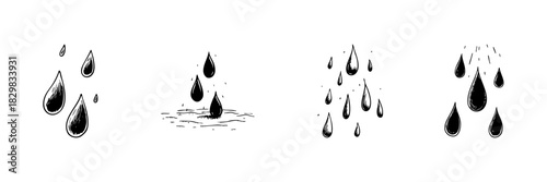 Raindrop Doodle Sketch Set. Water Droplets And Splashing Effects In Hand Drawn Style Collection. Weather, Nature, And Hydration Concepts. Isolated Vector Illustration