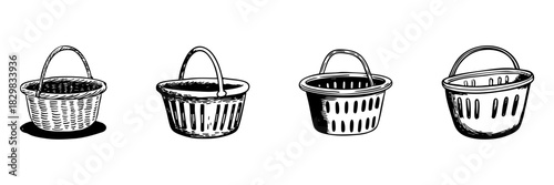Handwoven Basket Doodle Sketch Set. Traditional Craftsmanship And Rustic Storage Solutions In Hand Drawn Style Collection. Versatile And Decorative. Isolated Vector Illustration