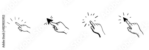 Hand Cursor And Click Interaction Doodle Sketch Set. User Interface Navigation And Digital Interaction In Hand Drawn Style Collection. Touchscreen And Pointer Click. Isolated Vector Illustration