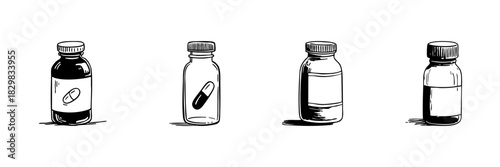 Medicine Bottles Doodle Sketch Set. Pharmaceutical Packaging And Healthcare Products In Hand Drawn Style Collection. Medical Supplies And Drug Storage. Hand Drawn Isolated Vector Illustration