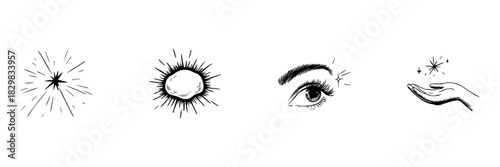 Sparkle, Sun, Eye, And Hand With Magic Doodle Sketch Set. Celestial And Mystical Elements In Hand Drawn Style Collection. Spiritual And Imaginative Concepts. Isolated Vector Illustration