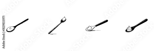 Spoon With Dollop Of Cream Doodle Sketch Set. Culinary Ingredient, Cooking, And Baking Essentials In Hand Drawn Style Collection. Kitchen Utensil And Food Preparation. Isolated Vector Illustration