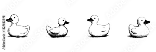 Rubber Duck Doodle Sketch Set. Playful Bath Toy Collection In Hand Drawn Style. Cute And Whimsical Design For Children Bath Time Fun. Isolated Vector Illustration