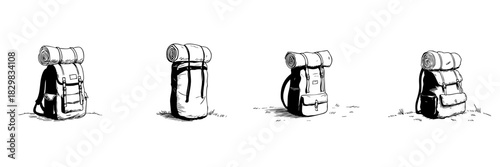 Backpack With Rolled Sleeping Bag Doodle Sketch Set. Outdoor Adventure, Hiking, And Camping Gear In Hand Drawn Style Collection. Travel Essentials Illustration. Isolated Vector Illustration