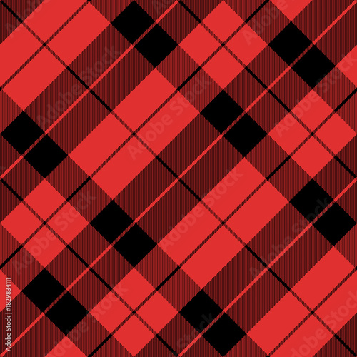 Red and black diagonal plaid seamless pattern perfect for fabric, textile, wrapping paper, clothing, and digital background use. Great for Christmas, rustic, and modern styles. Vector illustration.