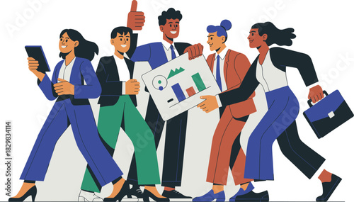 Energetic diverse business team professionals marching and moving forward successfully, showcasing corporate teamwork and collaborative strategy for finance and data analytics growth in a modern flat