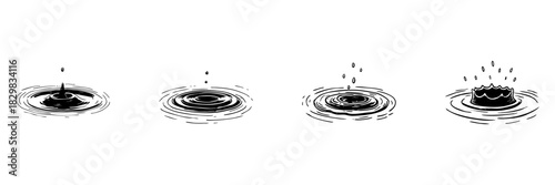 Water Droplet Splash Sequence Doodle Sketch Set. Fluid Dynamics And Ripple Effect In Hand Drawn Style Collection. Illustrating Water Impact And Surface Tension. Hand Drawn Isolated Vector Illustration