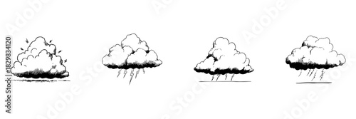 Cloud And Lightning Doodle Sketch Set. Weather Phenomena And Storm Illustration In Hand Drawn Style Collection. Atmospheric Conditions And Thunderstorm Elements. Isolated Vector Illustration