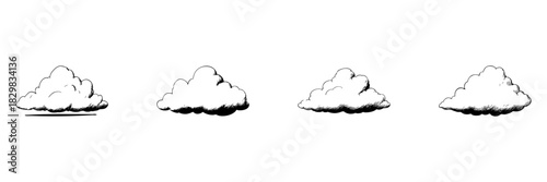 Cloud Doodle Sketch Set. Atmospheric Weather Symbols In Hand Drawn Style Collection. Fluffy Cloud Illustrations For Forecast And Nature Themes. Isolated Vector Illustration