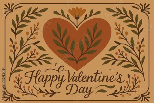 Cute folk/boho Valentine's Day card in warm natural colors