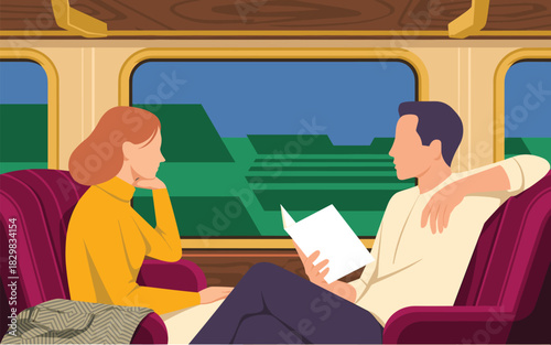 A relaxed couple traveling by vintage train, enjoying a comfortable and serene rail journey; the man is reading while the woman gazes out the large window at the abstract green countryside; modern fla