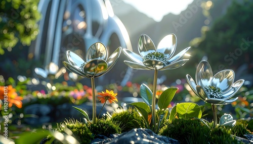 Metallic flowers in vibrant garden setting under a bright sunny sky with a futuristic object in the background