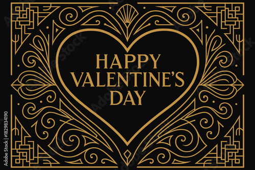 Luxurious Art Deco-style Valentine's Day card in black and gold. Large heart with the inscription “HAPPY VALENTINE'S DAY” surrounded by symmetrical ornamentation in the spirit of the 1920s.