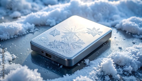 Metallic rectangular box rests on an icy surface, covered in snow and detailed snowflake patterns