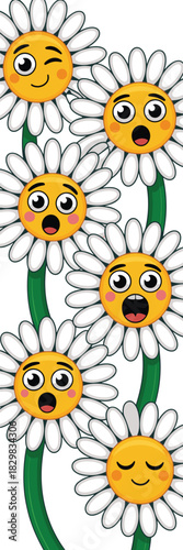 Whimsical cartoon daisy flowers vector illustration featuring yellow emoji faces with cheerful, surprised, and winking emotional expressions, forming a vertical decorative border or repeating pattern.