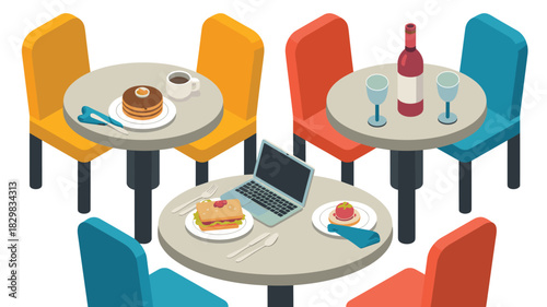 Colorful isometric vector graphic of three contemporary restaurant tables highlighting diverse settings: remote work with laptop, a casual lunch sandwich, rich dessert and coffee, and an evening wine