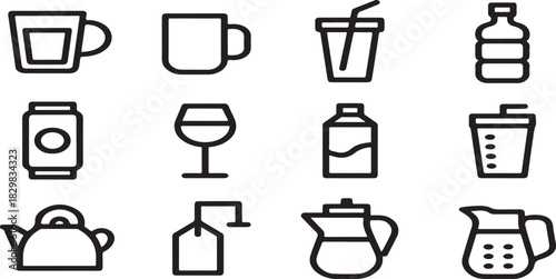 Black and white icons collection of different beverages mugs cups and containers linear style