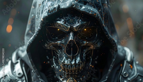 Metallic skull-like figure in hood with glowing eyes, surrounded by blurred background and sparks