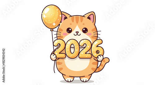 Cute orange cat holding balloon shaped 2026 celebrating new year with festive vibes and cheerful expression.