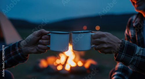 couple toasting with enamel mugs over glowing campfire at dusk. romantic outdoor adventure and cozy evening in nature. camping getaway concept. banner, website header.