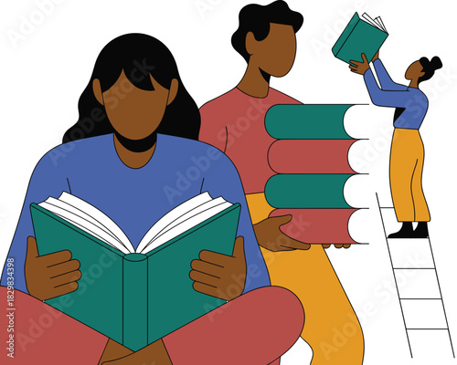 Diverse students and adult learners actively reading literature, studying, and acquiring knowledge, symbolizing empowerment and growth through the education process, featuring a stack of academic book