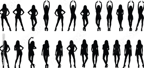 Female silhouette, standing pose, fashion model, body posture, elegant stance, black design, artistic reference, woman figure, flat vector