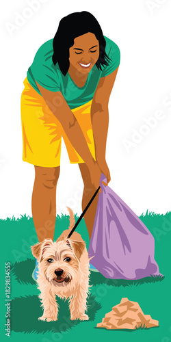 Responsible African American pet owner woman happily picking up dog poop using a bag while bending over on green park grass, demonstrating essential hygiene, care, and civic duty for community lifesty