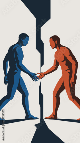 Conceptual vector graphic illustration of two contrasting blue and terracotta male figures attempting a symbolic handshake across a sharp, dark geometric barrier, representing complex negotiation, hum