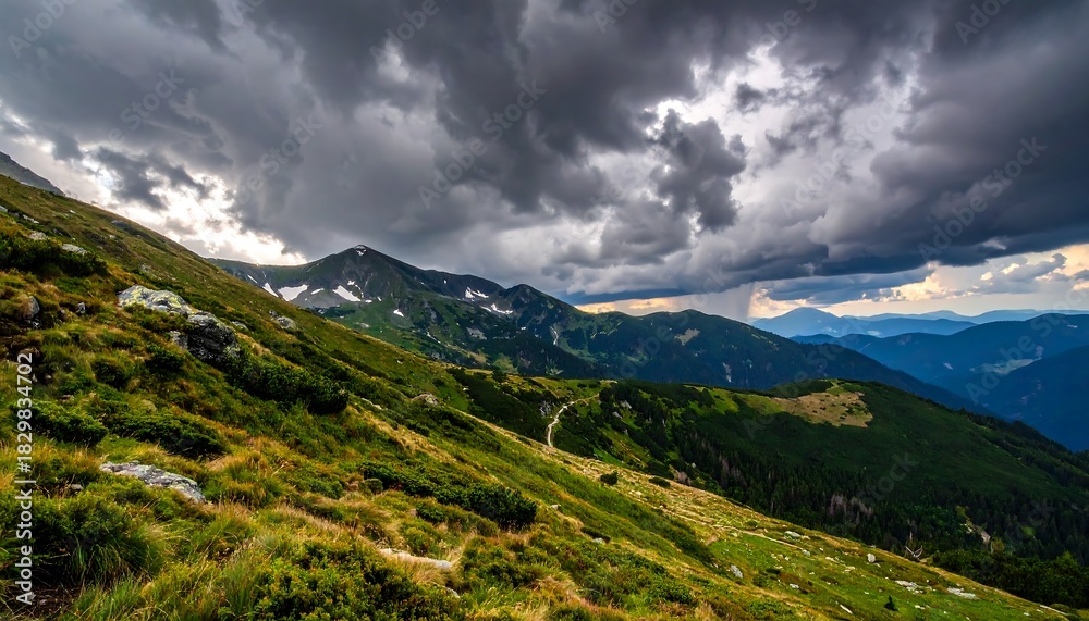 Obraz premium Moody landscape featuring a green hillside leading toward distant peaks under a dramatic, cloudy sky