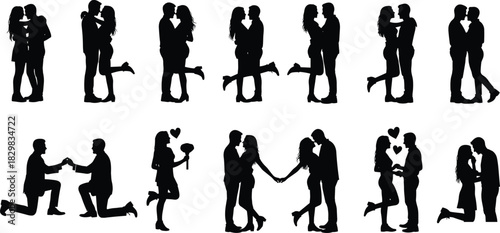 Romantic couple silhouette poses, love gestures, kissing, hugging, proposal, heart symbols, relationship moments, black figures, affection icons, flat vector