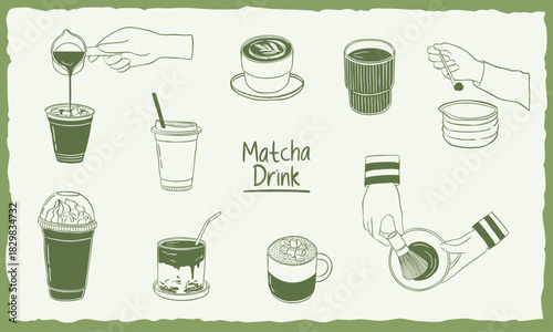 matcha drink hand drawn sketch doodle illustration collection set