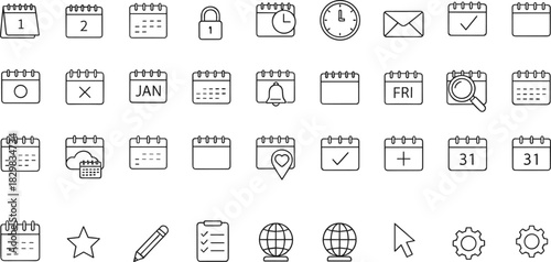 A comprehensive vector collection of black outline icons for managing calendars, scheduling tasks, tracking time, handling communication, and planning events