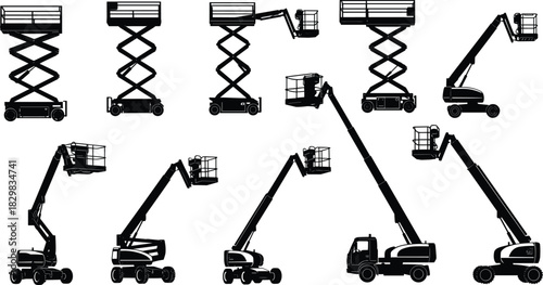 Aerial work platform silhouettes, scissor lift, boom lift, elevated access machines, construction equipment, maintenance tools, black icons, flat vector