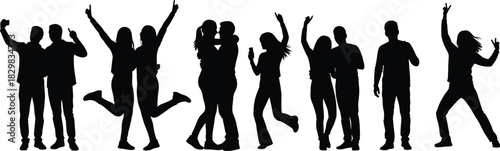 Group celebration, dancing silhouette, joyful pose, selfie moment, social interaction, friendship scene, black design, happy people gesture, flat vector