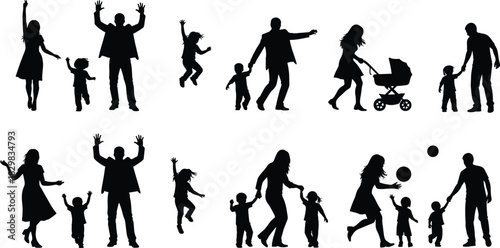 Family silhouette scenes, parenting, children activities, walking, playing, dancing, bonding moments, stroller pushing, holding hands, black figures, flat vector