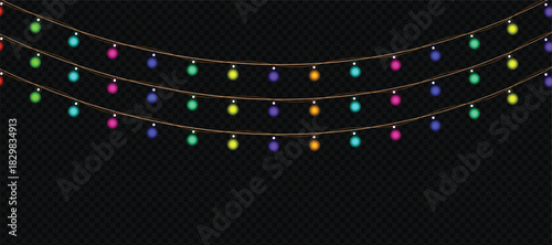 Multicolored festive string lights garland glowing on dark transparent background, celebration
