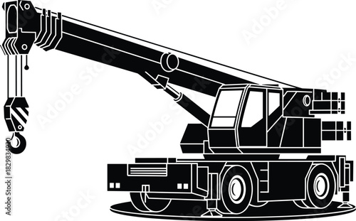 Mobile crane, telescopic boom, construction vehicle, hydraulic system, industrial equipment, lifting hook, black silhouette, mechanical design, engineering concept, flat vector