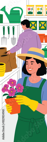 A cheerful professional female gardener smiling brightly, holding a vibrant pink flowering plant in an orange pot, wearing protective yellow gloves and a green apron inside a busy retail garden center