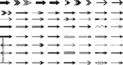 A massive vector collection of black arrow silhouettes in various styles, representing concepts of direction, speed, movement, next steps, forward momentum, and navigational flow indicators.